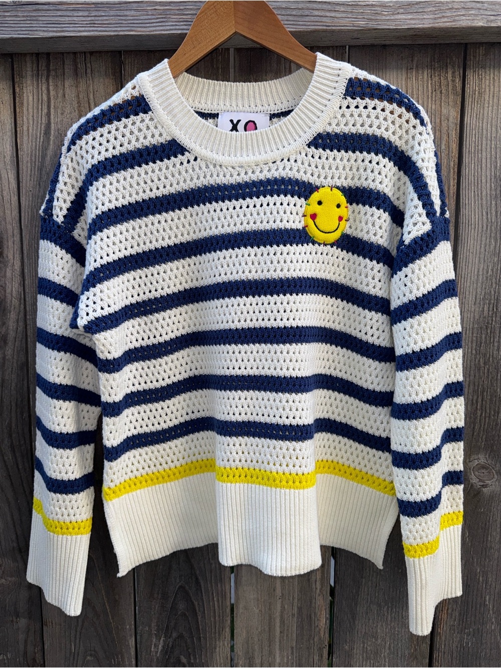 Kerri Rosenthal Crochet Knit Striped Smiley Embroidered Sweater Pullover Medium - Picture 6 of 8